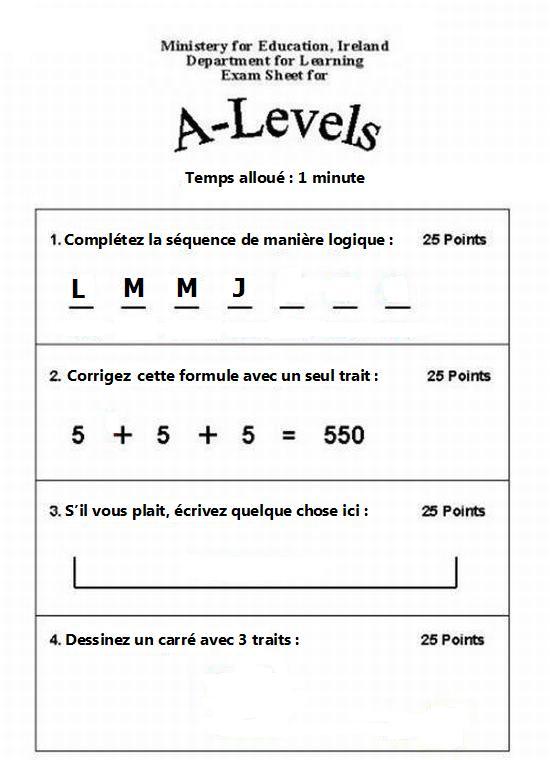 Une feuille d’examen pour les élèves (2 images)