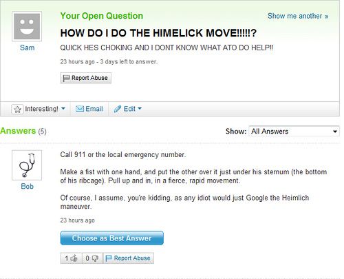 Funny Yahoo questions and answers (58 stories)