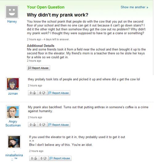 Funny Yahoo questions and answers (58 stories)