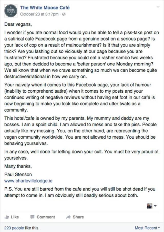 Restaurant Owner Gets into a Heated Online Battle with the Vegan Community