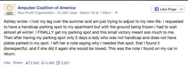 A Disabled Woman Receives Rude Note from the Biggest Douchebag on the Planet