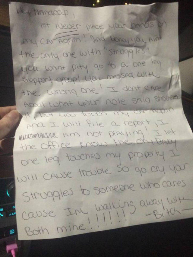 A Disabled Woman Receives Rude Note from the Biggest Douchebag on the Planet