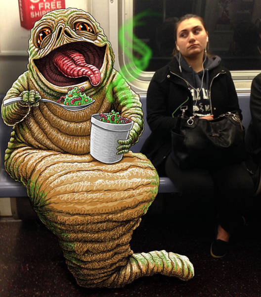 Artist Adds Freakish Creatures Next To People On The Subway